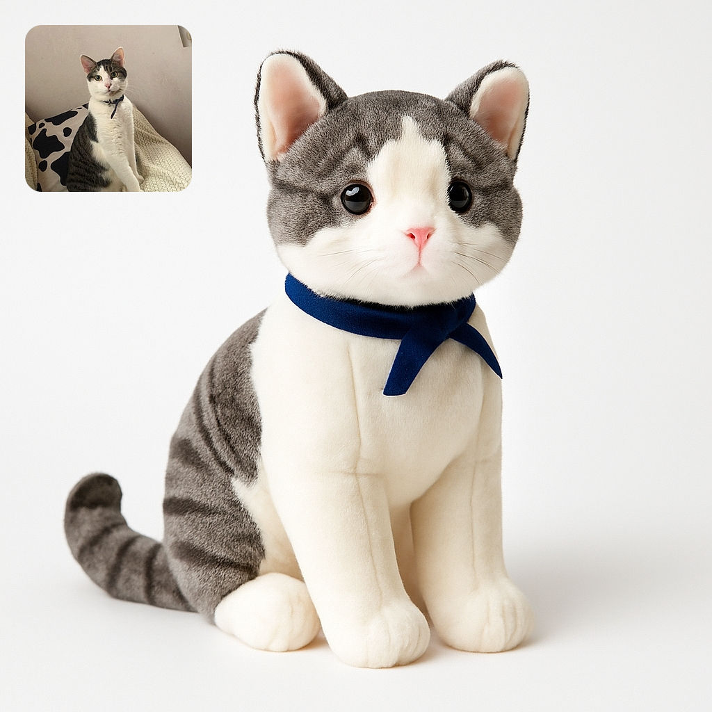 A poised tabby and white cat sitting elegantly on a chunky knitted blanket with a black and white patterned pillow in the background, looking curiously at the camera with bright eyes and a cute collar.