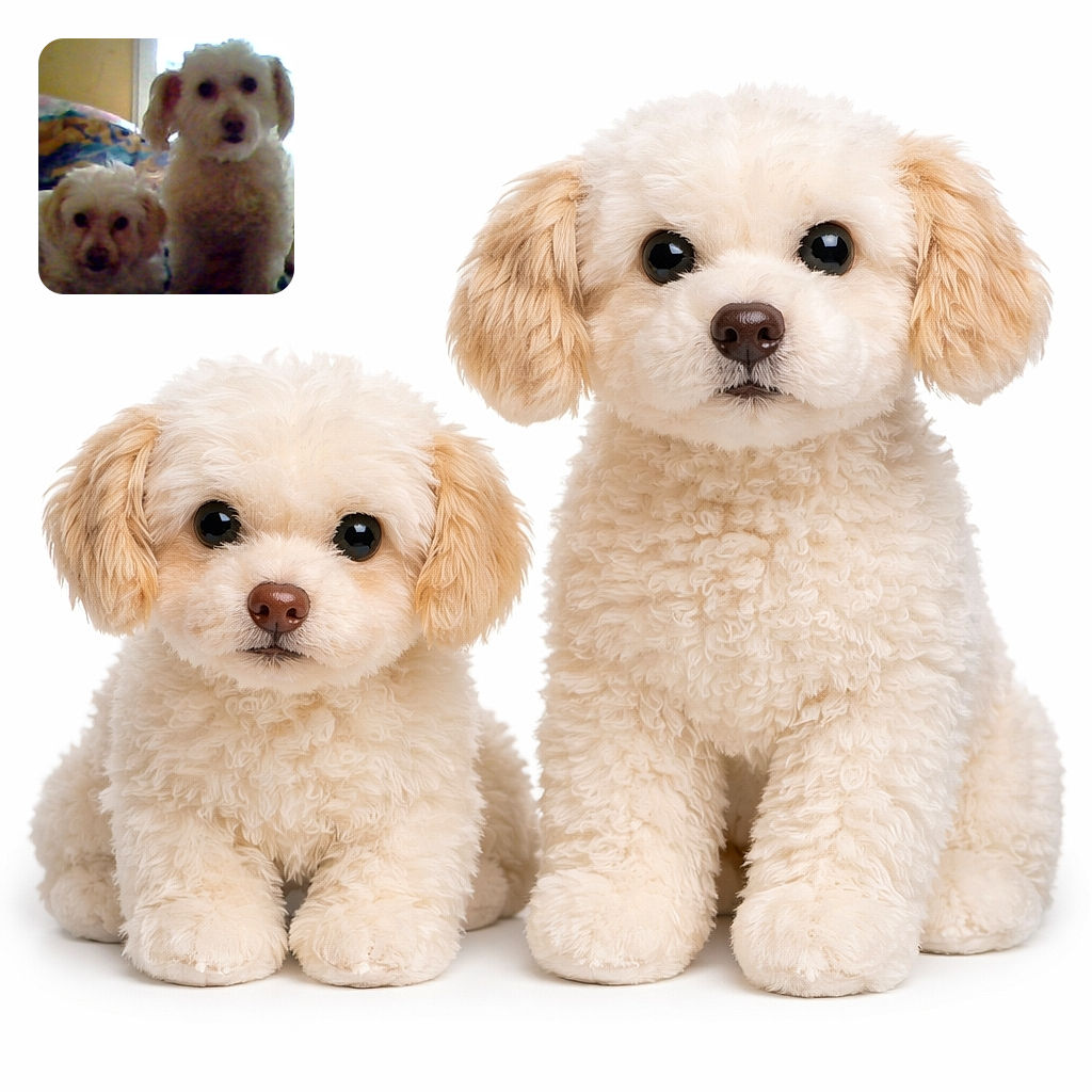 Two fluffy white dogs stare solemnly from a cozy bed while the phone UI peeks around the edges — one sits upright like a tiny guardian, the other lounges like a grumpy donut; the shot is charming but soft and a bit blurry.