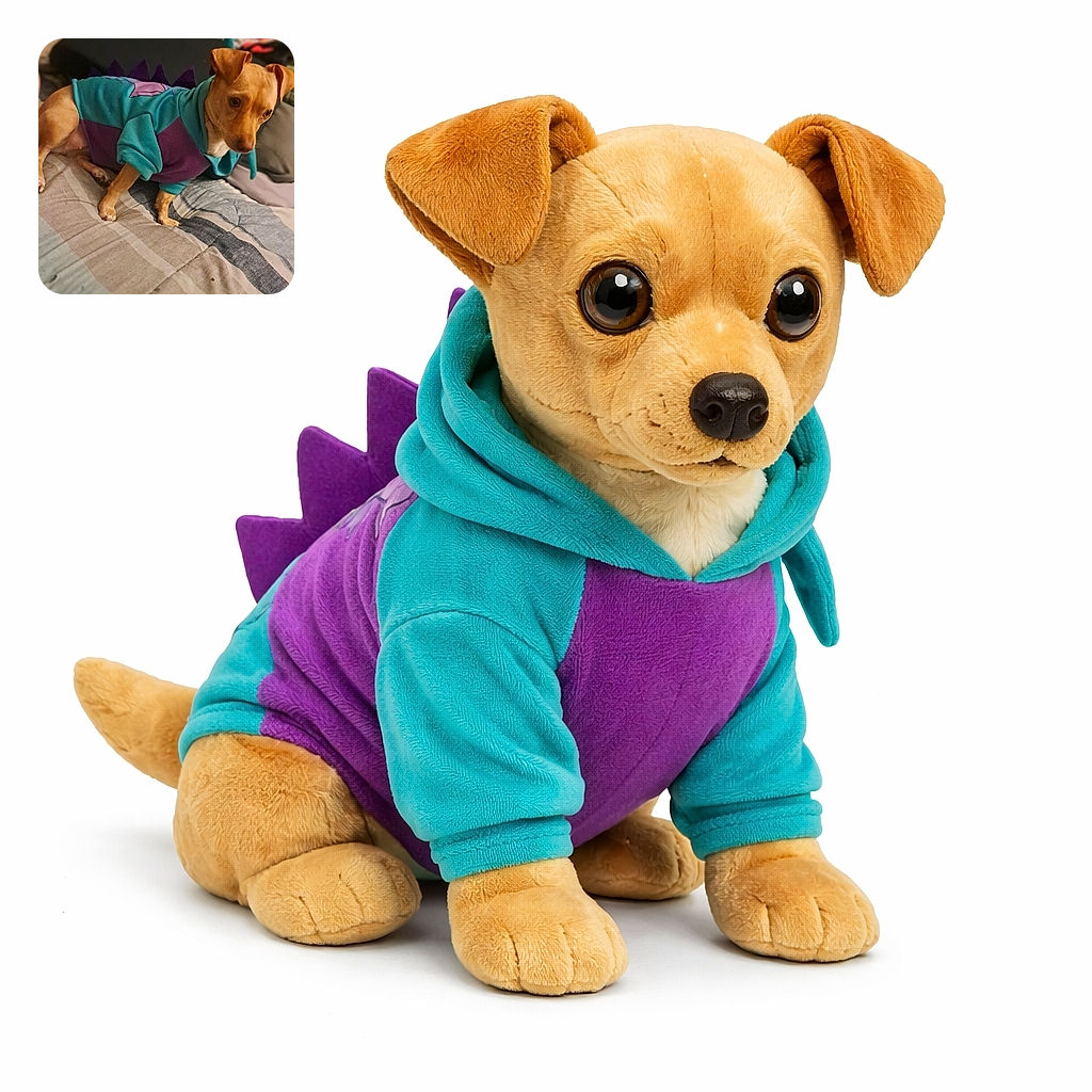 A small dog dressed in a colorful dinosaur costume stands on a bed with a patterned blanket. The dog's expression is curious and slightly cautious, while the background is softly blurred, focusing attention on the adorable costume and the dog's stance.