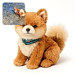 A fluffy small dog with a curled tail stands in clear shallow water, holding its leash in its mouth, looking slightly hesitant but adorable against a backdrop of rippling water.