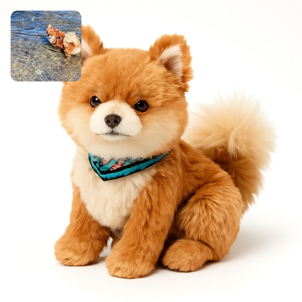 A fluffy small dog with a curled tail stands in clear shallow water, holding its leash in its mouth, looking slightly hesitant but adorable against a backdrop of rippling water.