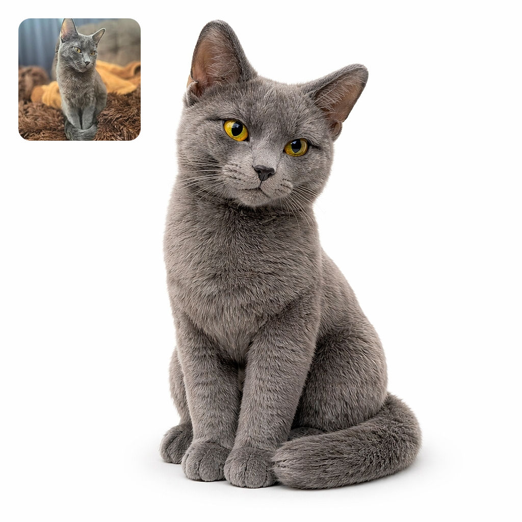 A dignified grey cat modeling for its own portrait session — one ear perked, golden eyes plotting world domination, and a tail neatly tucked like it paid for a spa day. The background is deliciously blurred, making this feline the undeniable center of attention.