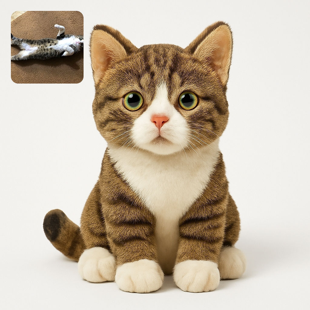 A relaxed tabby cat lies on its back on a brown carpet, stretching out all limbs with a curious and slightly surprised expression, as if caught mid-yawn or mid-thought about world domination.
