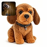 A charming dog looks up with a goofy grin, standing on a warm wooden floor. The photo captures the dog's fluffy ears and shiny nose, while the owner's feet clad in socks and slippers peek at the bottom, adding a cozy home vibe.