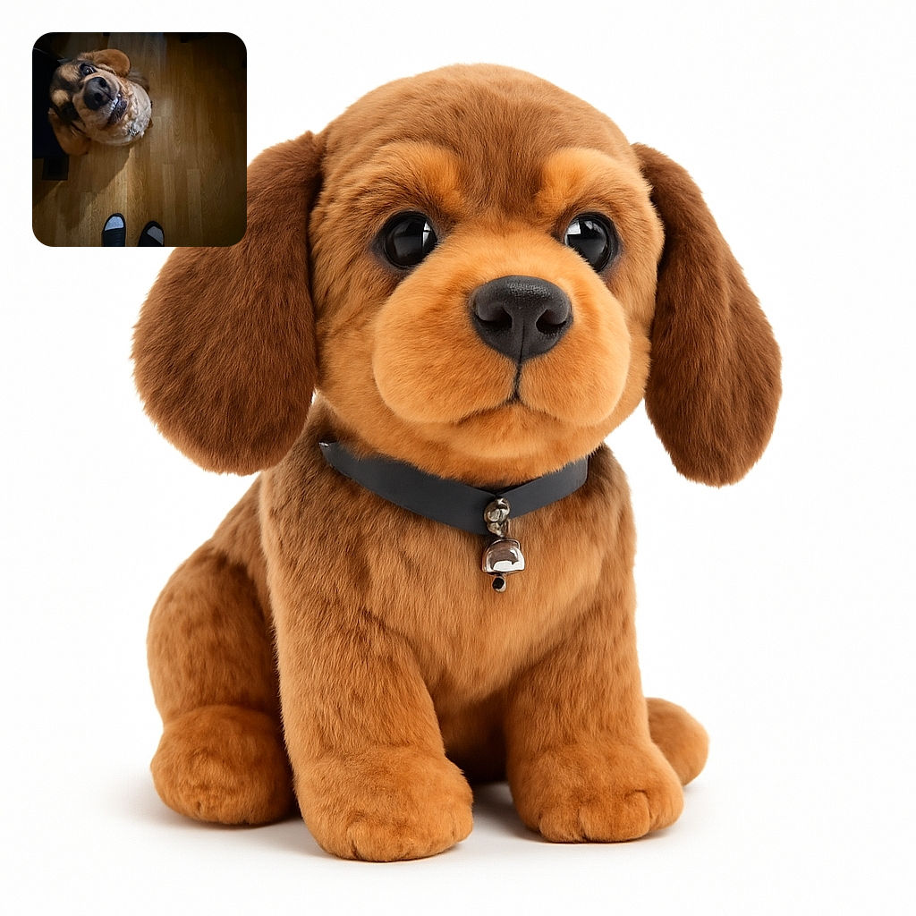 A charming dog looks up with a goofy grin, standing on a warm wooden floor. The photo captures the dog's fluffy ears and shiny nose, while the owner's feet clad in socks and slippers peek at the bottom, adding a cozy home vibe.