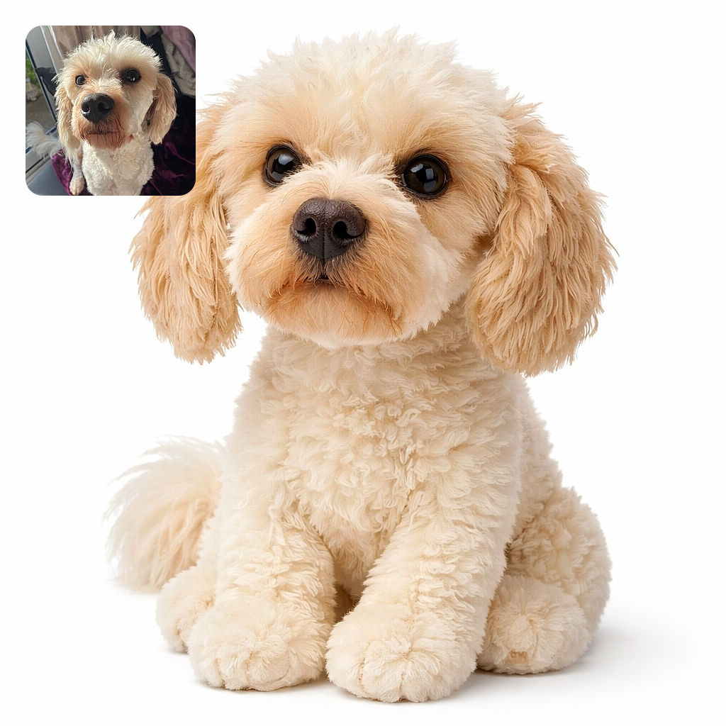 A close-up shot of an adorable curly-haired dog with big, shiny eyes and a curious expression, sitting on a purple velvet blanket near a window with natural light highlighting its fluffy fur.