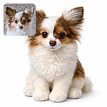 A fluffy, alert dog with large ears and soulful eyes gazes directly into the camera, standing out against a neutral stone background. Its soft fur and expressive face make it an endearing portrait shot.