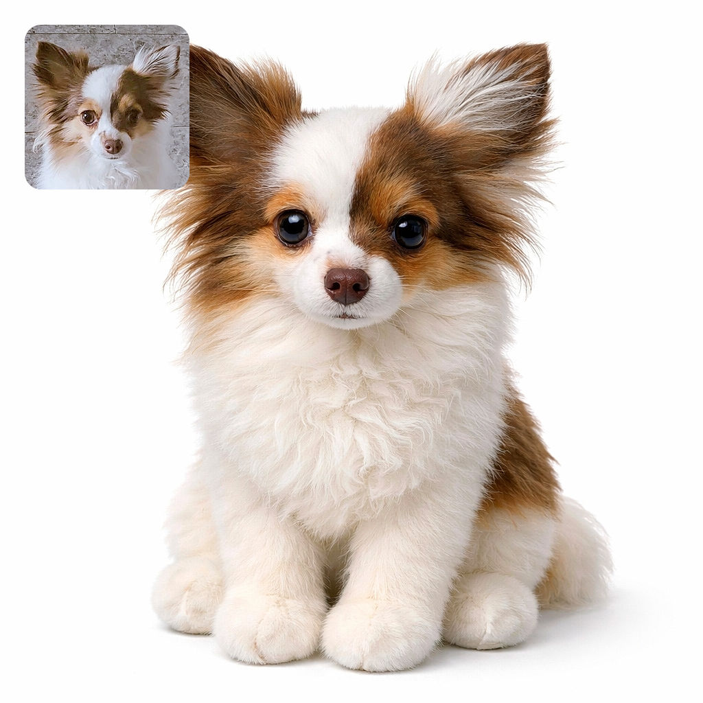 A fluffy, alert dog with large ears and soulful eyes gazes directly into the camera, standing out against a neutral stone background. Its soft fur and expressive face make it an endearing portrait shot.