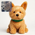 A close-up photo of a fluffy dog with windswept fur, held by a person whose face is partially obscured by the dog's hair. The dog wears a green collar and a red leash handle is visible, with a rocky outdoor background.