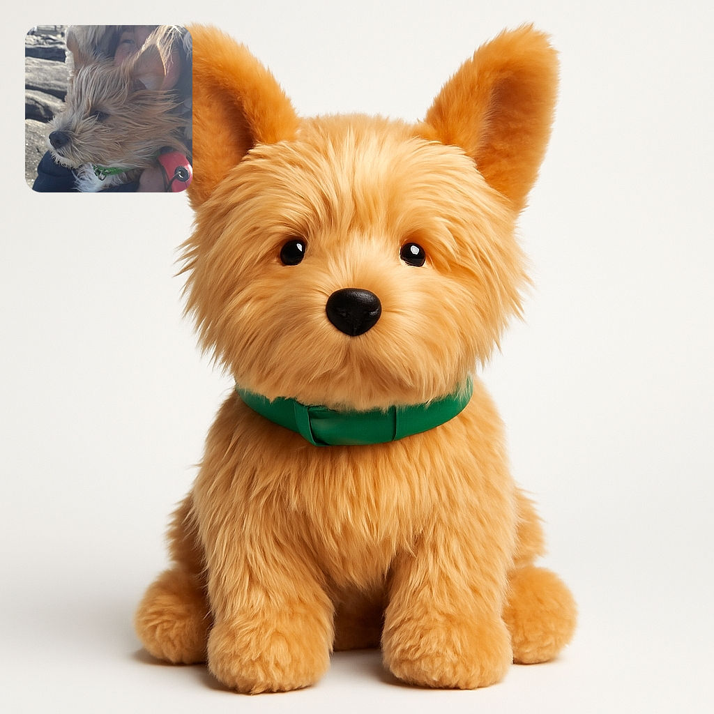 A close-up photo of a fluffy dog with windswept fur, held by a person whose face is partially obscured by the dog's hair. The dog wears a green collar and a red leash handle is visible, with a rocky outdoor background.