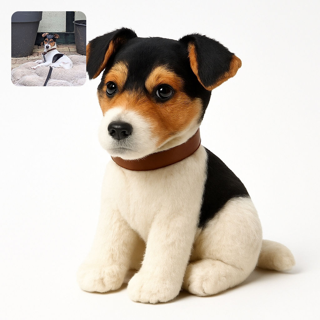 A small dog with a brown and black face and white body lounges on a fluffy beige blanket outdoors, flanked by two large black plant pots on a stone patio, looking curiously at the camera with ears perked up.