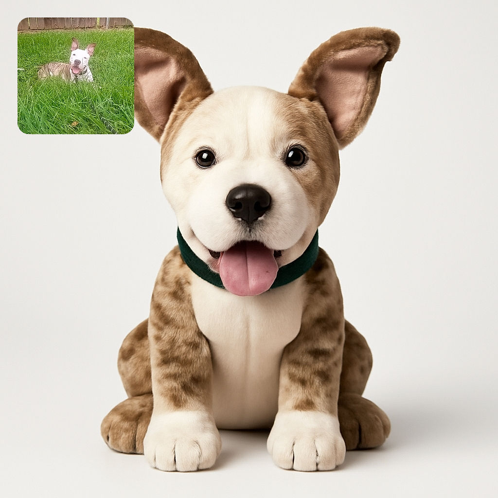 A happy dog with a brindle and white coat is lying in lush, tall green grass in a backyard, its mouth open in a joyful pant and ears perked up, with a wooden fence in the background and a leash trailing in the grass.