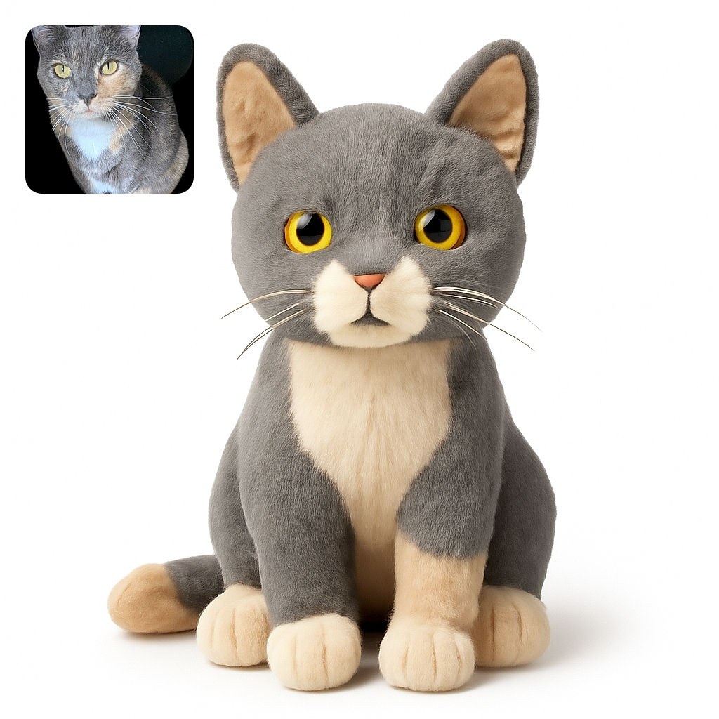 A close-up photo of a gray and tan cat with white paws and chest, sitting and looking directly at the camera with bright yellow eyes, isolated on a black background.