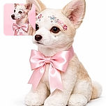 A charming dog poses gracefully against a soft pink background, adorned with sparkling flower decorations on its face and a large, silky pink bow around its neck, exuding elegance and cuteness.