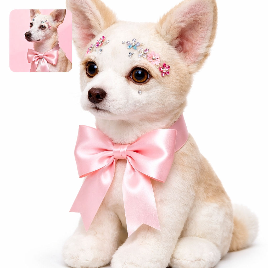 A charming dog poses gracefully against a soft pink background, adorned with sparkling flower decorations on its face and a large, silky pink bow around its neck, exuding elegance and cuteness.
