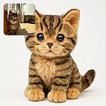 An adorable tiny tabby kitten with big, curious eyes stands close to a wooden doorframe, basking in the warm sunlight that creates soft shadows on the textured carpet. The cozy indoor setting features a white chair and curtains in the background, giving the scene a peaceful and homely vibe.