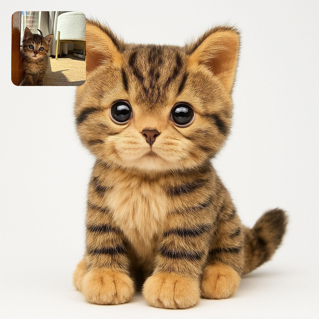 An adorable tiny tabby kitten with big, curious eyes stands close to a wooden doorframe, basking in the warm sunlight that creates soft shadows on the textured carpet. The cozy indoor setting features a white chair and curtains in the background, giving the scene a peaceful and homely vibe.