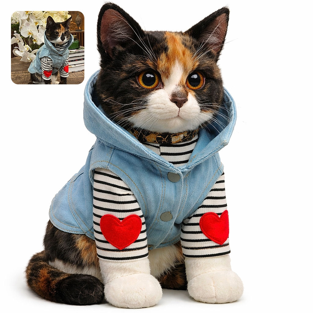 A stylish calico kitten striking a very serious runway pose in a tiny denim hoodie and striped sweater with red heart patches, sitting primly on a wooden table in front of a lush bouquet of white orchids and roses — equal parts haute couture and offended feline royalty.