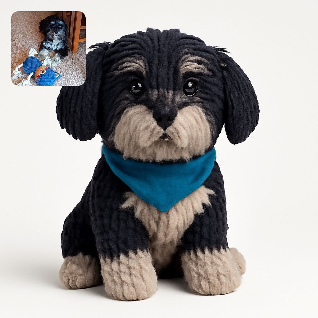 A fluffy black and white dog lies on a carpeted floor next to a blue plush toy shaped like a bear with rope limbs, looking attentively at the camera with bright eyes under soft indoor lighting.