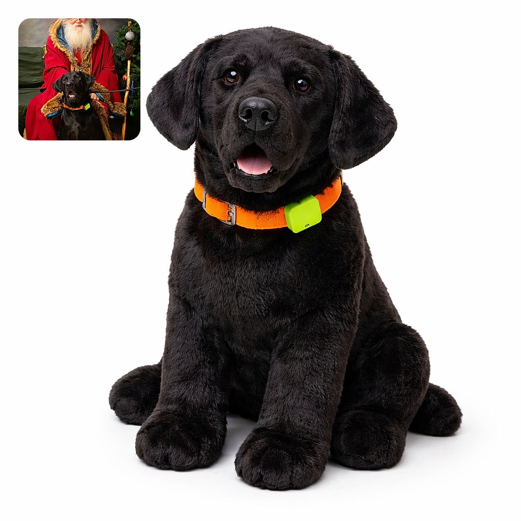 A cozy holiday portrait featuring a jolly Santa-like figure in a red fur-trimmed cloak sitting beside a large black dog wearing an orange collar. The scene is set indoors with a decorated Christmas tree and a wooden cane, evoking warm festive vibes.