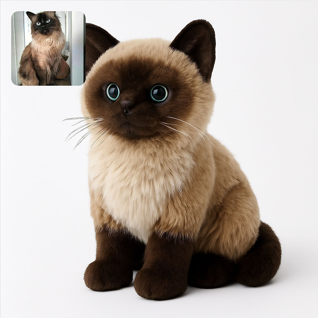 A majestic fluffy cat with piercing blue eyes sits regally on a wooden surface, looking slightly upward with a poised and curious expression. The soft natural light highlights its luxurious fur, while the simple indoor background keeps the focus on the feline royalty.