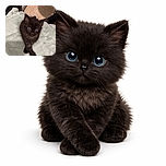 A tiny black kitten with big blue eyes is perched on a soft, light green blanket, looking curiously at the camera. Its little paws are crossed adorably, and the background shows some household items out of focus, making the kitten the star of this cozy snapshot.