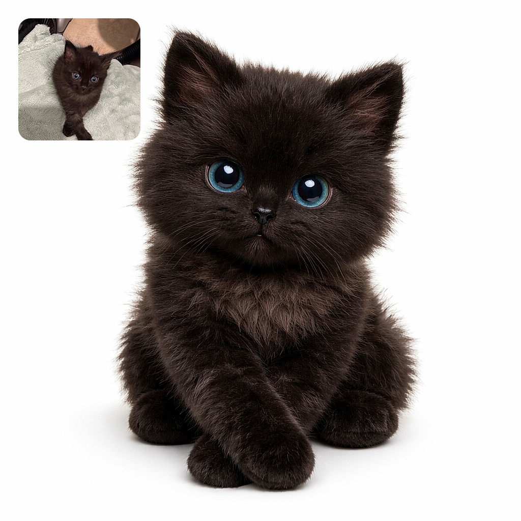 A tiny black kitten with big blue eyes is perched on a soft, light green blanket, looking curiously at the camera. Its little paws are crossed adorably, and the background shows some household items out of focus, making the kitten the star of this cozy snapshot.