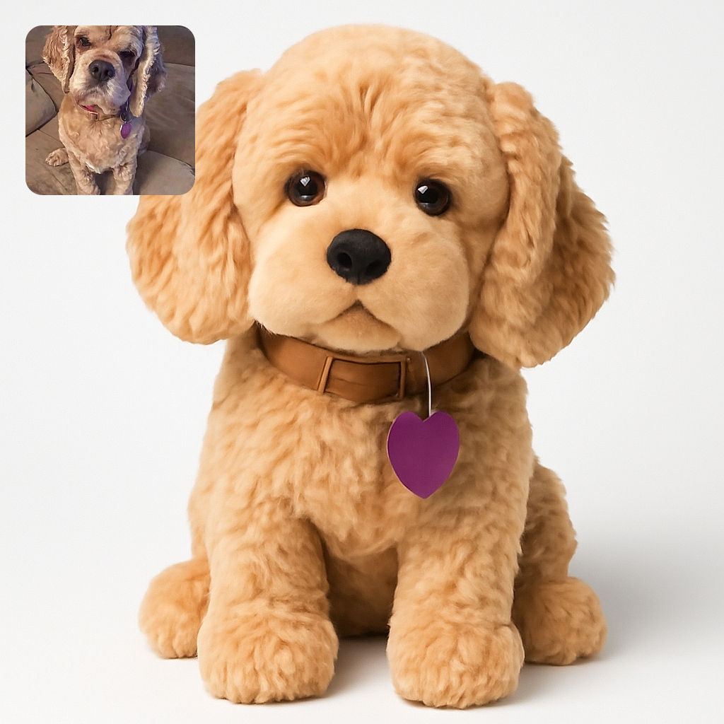 A fluffy light-brown dog with curly fur sits patiently on a beige couch, looking a bit serious but adorable. The background shows a cozy living room setting with blankets and cushions, and some papers are visible in the foreground.