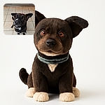 A charming dog with a slightly goofy grin looks up eagerly, its shiny nose and bright eyes stealing the show against a simple tiled floor backdrop. The dog's white-tipped paws and expressive ears add to its adorable, candid personality.