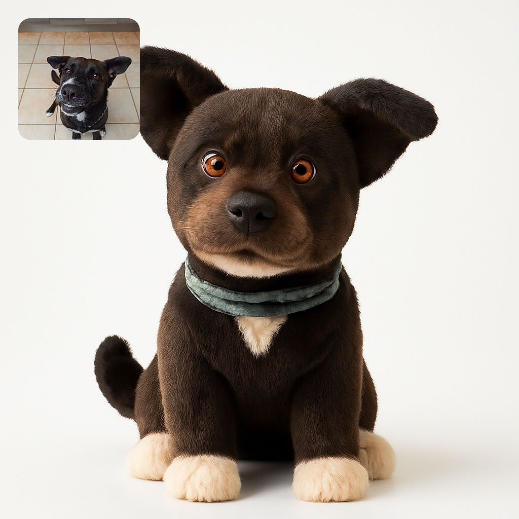 A charming dog with a slightly goofy grin looks up eagerly, its shiny nose and bright eyes stealing the show against a simple tiled floor backdrop. The dog's white-tipped paws and expressive ears add to its adorable, candid personality.