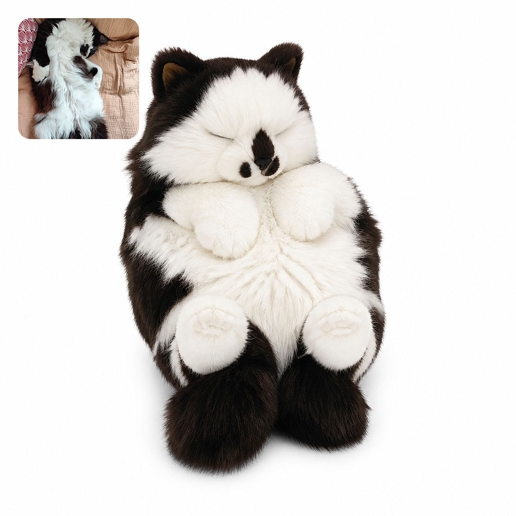 A fluffy black-and-white cat is sprawled across the bed like a tiny tuxedoed acrobat, apparently practicing an advanced upside-down cuddle pose while the patterned pillow looks on approvingly.