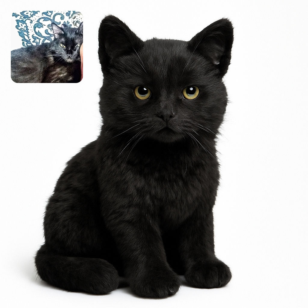 A blurry close-up photo of a black cat resting against a patterned background, with the cat's face partially obscured and lacking sharp focus.