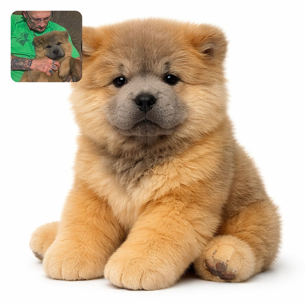 A tattooed person in a bright green shirt gently cradles a fluffy, pouty-faced puppy like a living teddy bear — the dog looks perpetually unimpressed while the human inspects their new cuddle acquisition with glasses perched and true devotion.