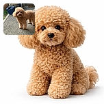 A fluffy apricot-colored poodle stands on a textured outdoor surface, looking curiously at the camera with big dark eyes. The background includes a blue planter, some greenery, and a doormat, giving a cozy garden vibe.