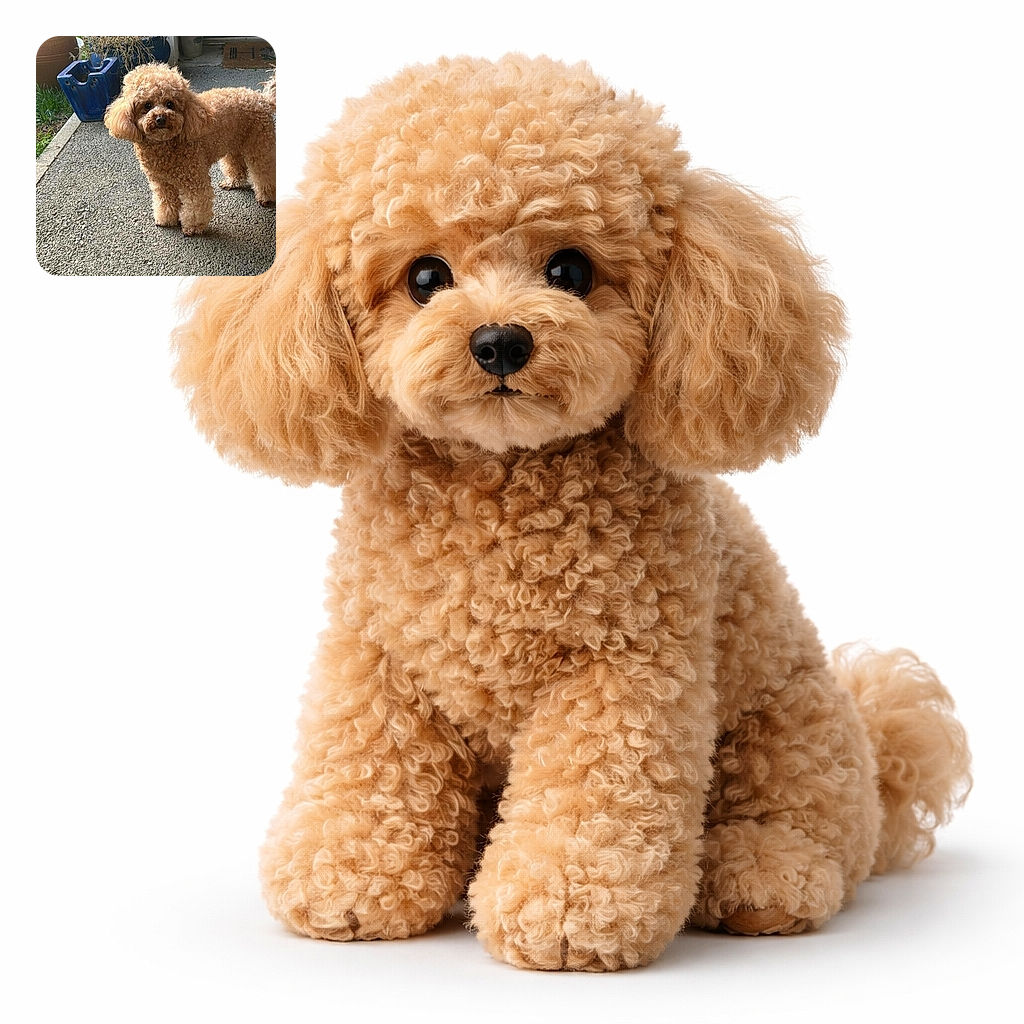 A fluffy apricot-colored poodle stands on a textured outdoor surface, looking curiously at the camera with big dark eyes. The background includes a blue planter, some greenery, and a doormat, giving a cozy garden vibe.