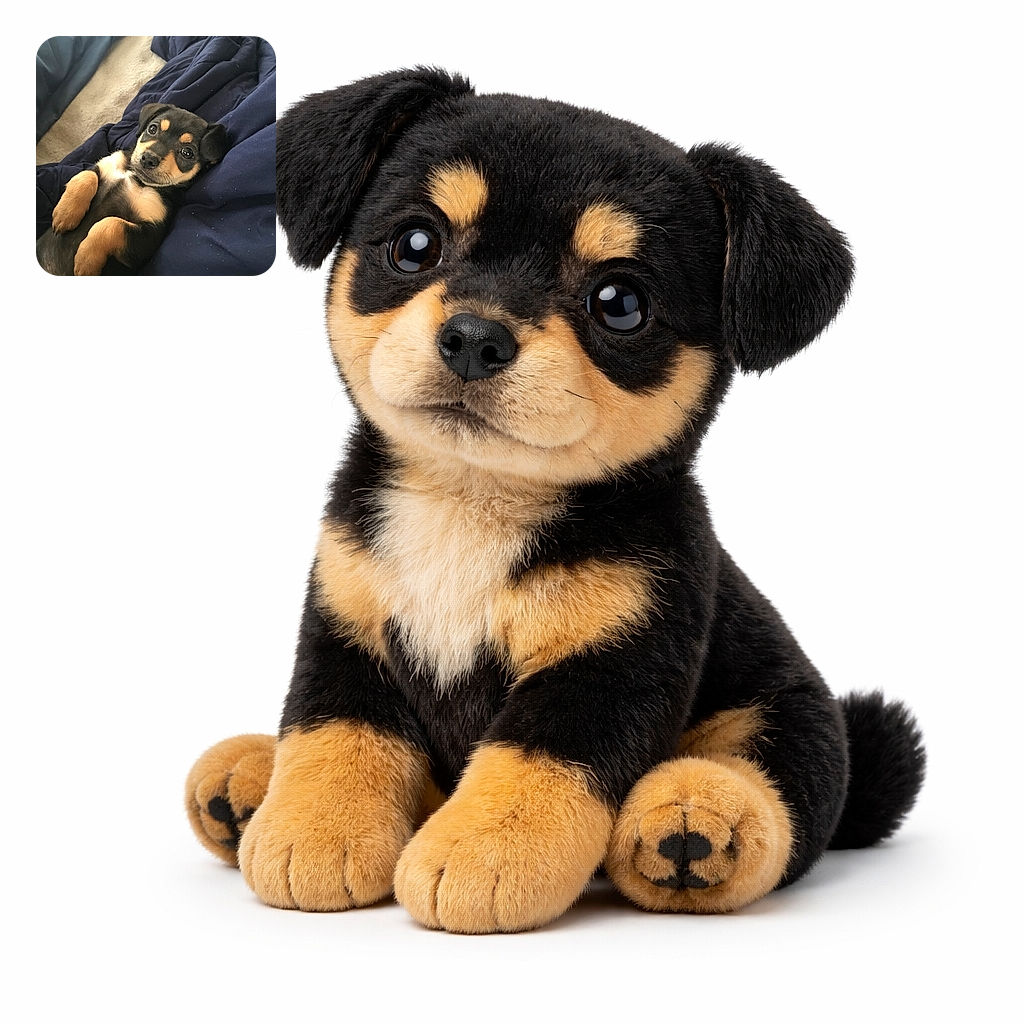 A tiny black-and-tan puppy sprawled on a navy blanket, staring up with enormous puppy eyes and little paws tucked in — full-time heart-melter, part-time nap enthusiast.