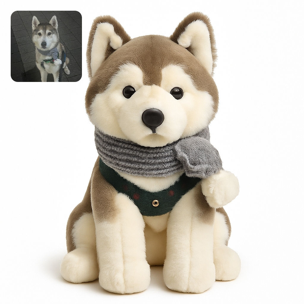 A fluffy husky wearing a cozy scarf sits on a stone-paved street at night, looking curiously at the camera with soft lighting and a slightly blurry focus.