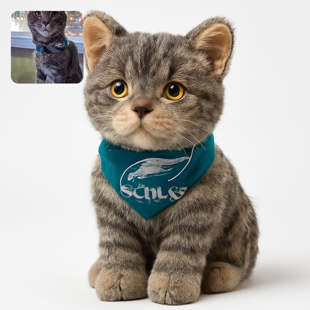 A dignified tabby cat wearing a sporty Philadelphia Eagles bandana sits attentively on a wooden surface with a softly blurred window and greenery background, looking directly at the camera with curious eyes.