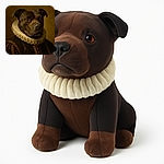 A regal dog dressed in an elaborate ruffled collar and period costume, posing like a noble from a classical oil painting, with a rich brown background enhancing the vintage vibe.