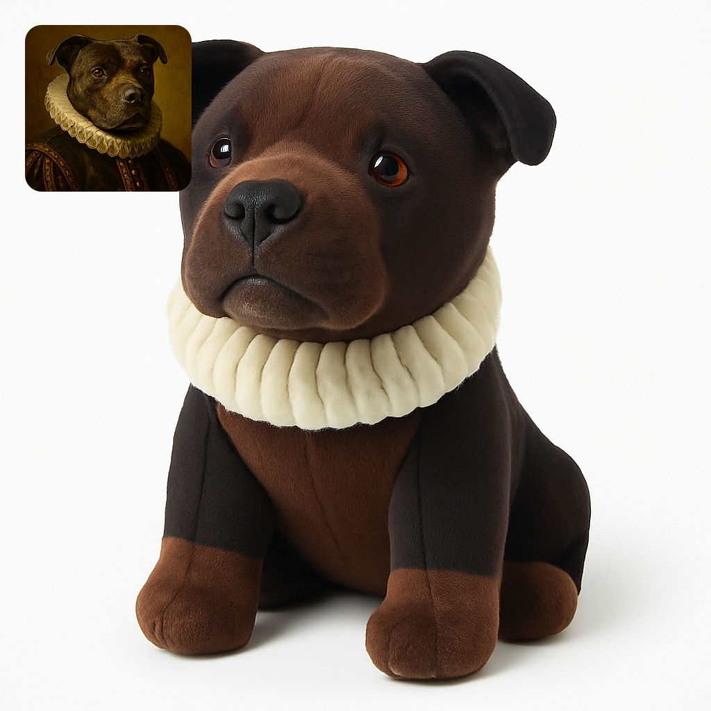 A regal dog dressed in an elaborate ruffled collar and period costume, posing like a noble from a classical oil painting, with a rich brown background enhancing the vintage vibe.