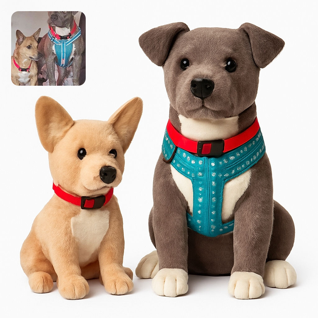 Two dogs sitting closely together on a dark surface, one small tan dog with a red collar and one larger gray dog with a blue harness and red collar, both looking attentively to the side in an indoor setting with soft lighting.