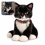 A dignified black and white tuxedo cat sits upright at a table, paws crossed like it owns the place, with a shiny bell on its collar adding a touch of class. The background is softly lit, highlighting the cat's intense yellow eyes and serious expression, as if it's ready to negotiate dinner terms.