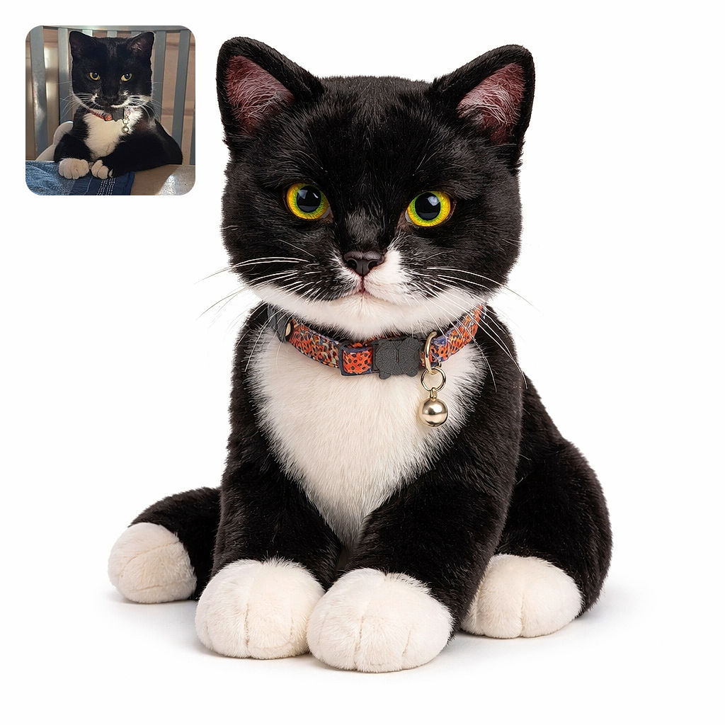 A dignified black and white tuxedo cat sits upright at a table, paws crossed like it owns the place, with a shiny bell on its collar adding a touch of class. The background is softly lit, highlighting the cat's intense yellow eyes and serious expression, as if it's ready to negotiate dinner terms.