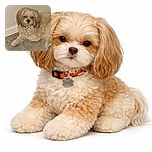A fluffy beige dog lounges on a grey carpet near a white wall, looking directly at the camera with slightly serious amber eyes, sporting a colorful collar.