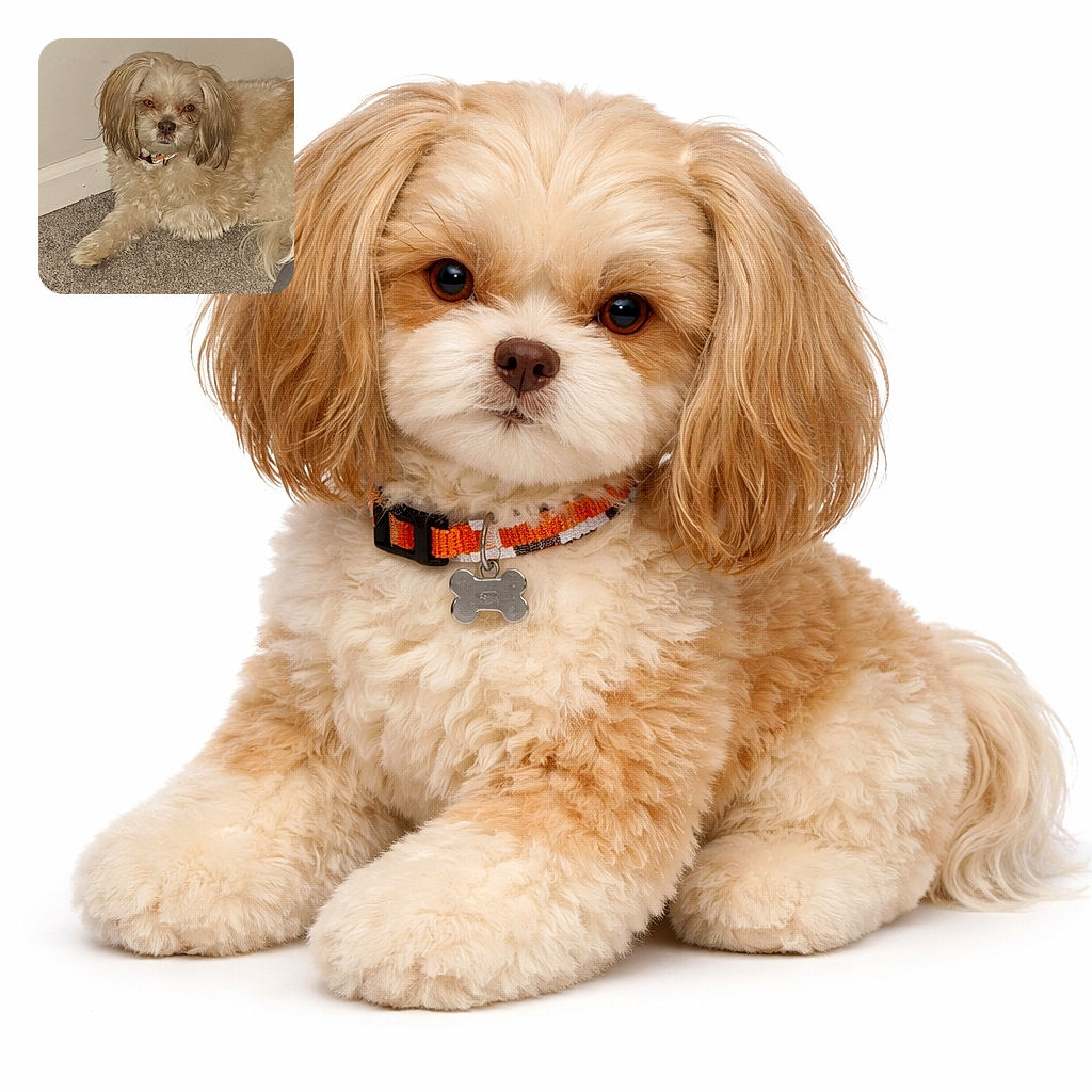 A fluffy beige dog lounges on a grey carpet near a white wall, looking directly at the camera with slightly serious amber eyes, sporting a colorful collar.