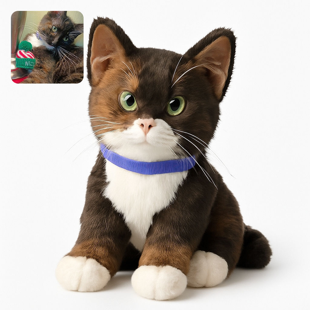 A close-up photo of a curious cat with striking green eyes, lying down next to a shiny lamp and a tiny festive knit hat with the word 'NICE' on it. The cat's whiskers are prominent and its fur looks soft, creating an intimate and cozy vibe.