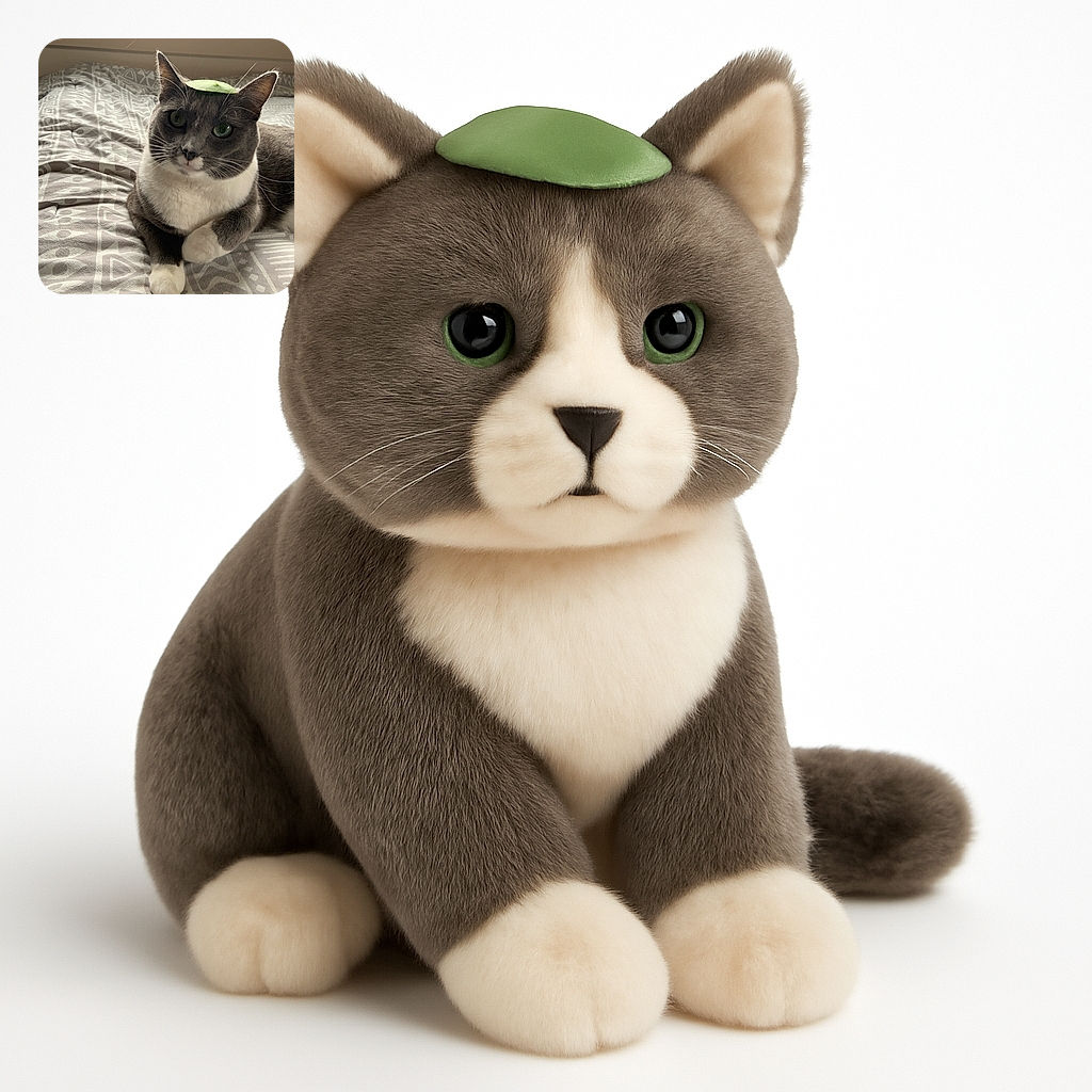 A charming gray and white cat lounges comfortably on a patterned bedspread with a small green leaf playfully balanced on its head, looking curiously at the camera with bright green eyes. The background shows a windowsill with various potted plants, adding a cozy indoor vibe.