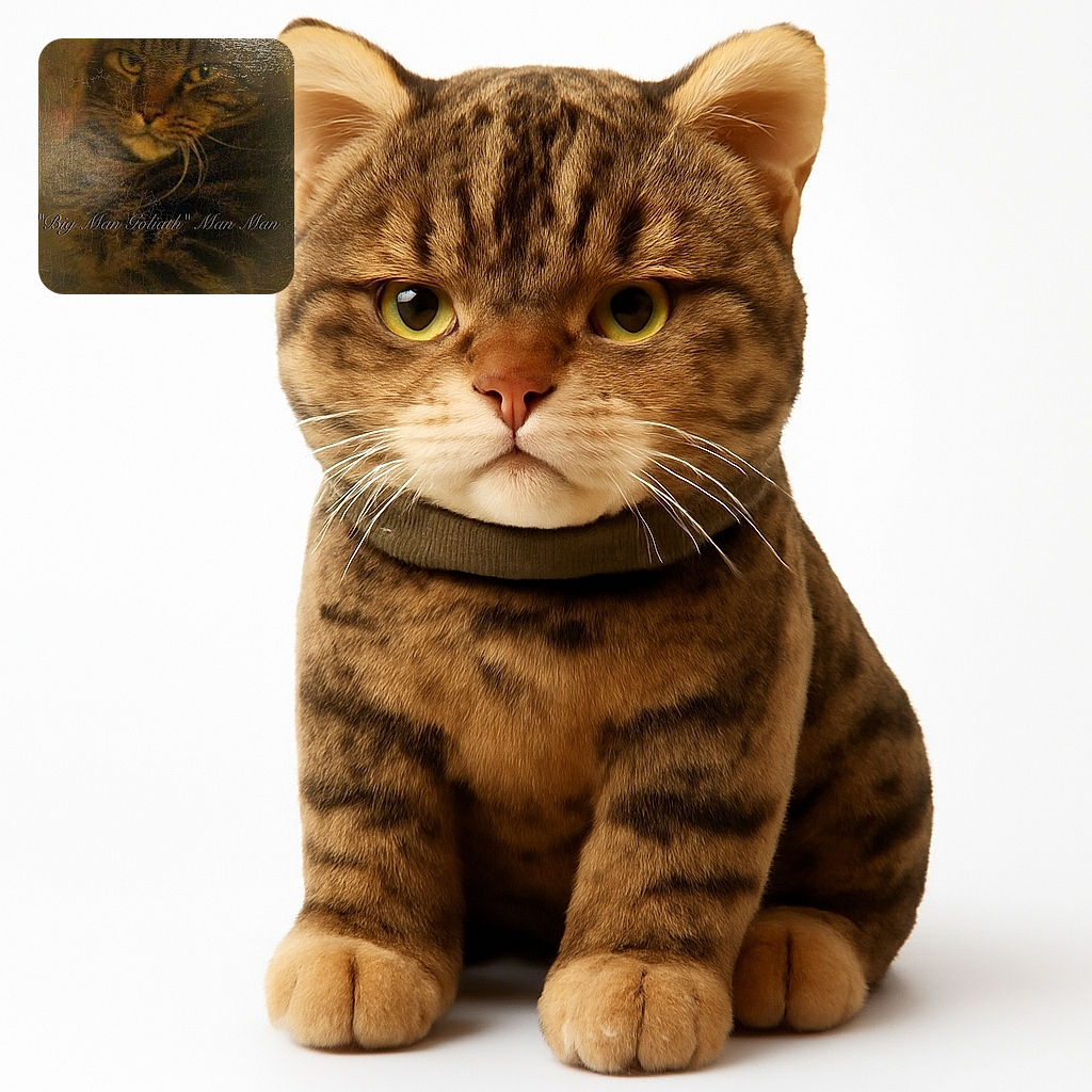 A close-up photo of a tabby cat with a textured, vintage filter effect overlay. The cat looks calm and contemplative, with soft lighting and a cracked paint effect adding an artistic, old portrait vibe. The text overlay reads 'Big Man Goliath Man Man' in a cursive font, adding a humorous and grandiose title to the feline subject.