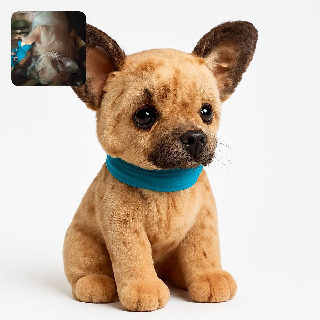 A blurry photo of a light-colored dog lying down with a blue toy nearby, captured in dim lighting that makes details hard to distinguish.