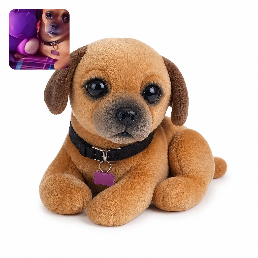 A dramatically filtered little dog stares into the camera like it has just discovered the secrets of the neon universe, while a purple plush companion lounges beside it. The image looks more like a surreal music-video poster than a normal pet portrait.